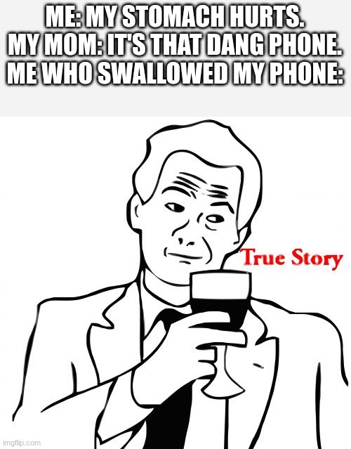 True Story Meme |  ME: MY STOMACH HURTS.
MY MOM: IT'S THAT DANG PHONE.
ME WHO SWALLOWED MY PHONE: | image tagged in memes,true story | made w/ Imgflip meme maker
