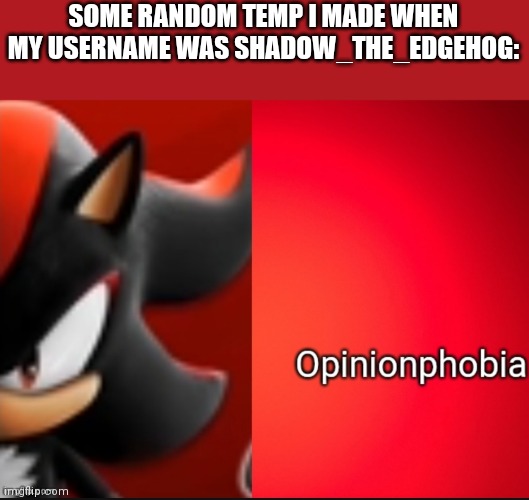 Twitter: | SOME RANDOM TEMP I MADE WHEN MY USERNAME WAS SHADOW_THE_EDGEHOG: | image tagged in opinionphobia | made w/ Imgflip meme maker