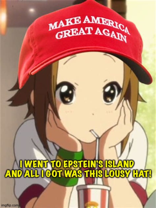All she got | I WENT TO EPSTEIN'S ISLAND 

AND ALL I GOT WAS THIS LOUSY HAT! | image tagged in anime maga | made w/ Imgflip meme maker