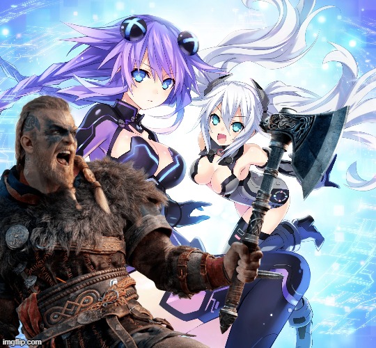 Purple Heart (Neptune) Black Heart (Noire) and Xen (Artus) fighting for glory and freedom! | made w/ Imgflip meme maker