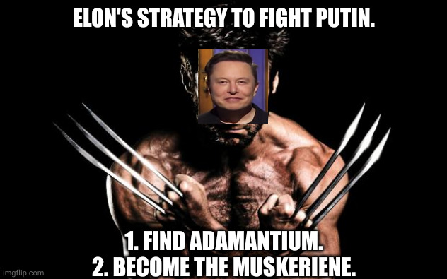 imagine | ELON'S STRATEGY TO FIGHT PUTIN. 1. FIND ADAMANTIUM.
2. BECOME THE MUSKERIENE. | image tagged in wolverine | made w/ Imgflip meme maker