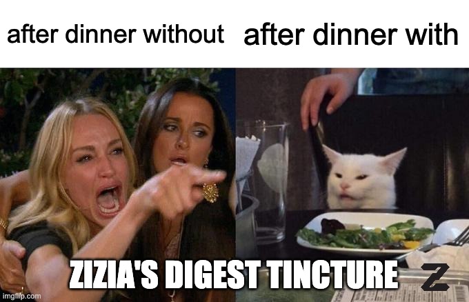 digestive aid | after dinner without; after dinner with; ZIZIA'S DIGEST TINCTURE | image tagged in memes,woman yelling at cat,digestion,herbs | made w/ Imgflip meme maker