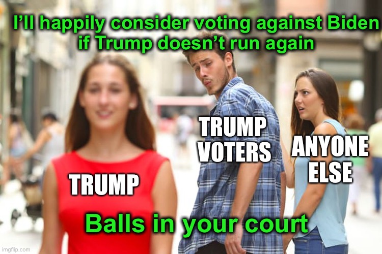 So, which is more important?  Biden being elected out of office or Trump getting a second term?  It’s on you come 2024 | I’ll happily consider voting against Biden
 if Trump doesn’t run again; TRUMP 
VOTERS; ANYONE ELSE; TRUMP; Balls in your court | image tagged in memes,distracted boyfriend,trump 2024,biden 2024,four more years | made w/ Imgflip meme maker