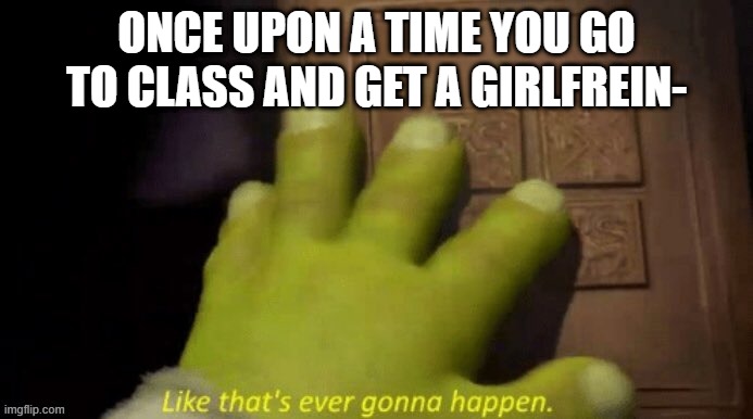 ?????? | ONCE UPON A TIME YOU GO TO CLASS AND GET A GIRLFREIN- | image tagged in like that's ever gonna happen | made w/ Imgflip meme maker