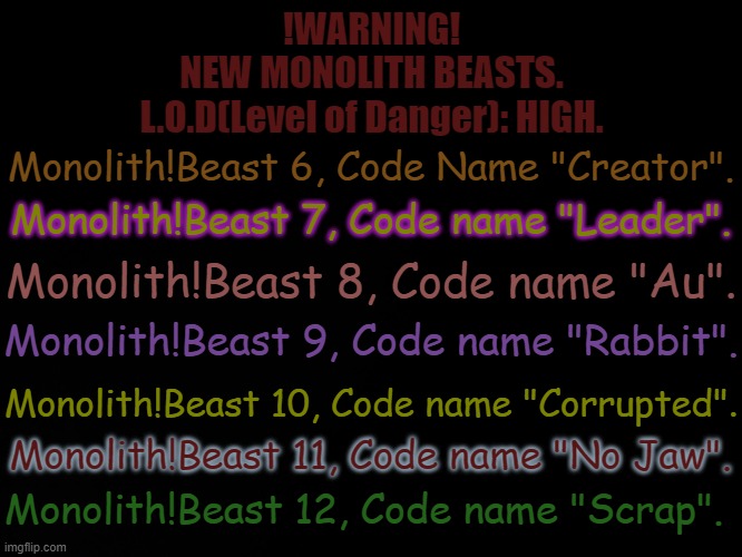 Monolith!Dream also has a name now. They're name is Dawn. | !WARNING!
NEW MONOLITH BEASTS.
L.O.D(Level of Danger): HIGH. Monolith!Beast 6, Code Name "Creator". Monolith!Beast 7, Code name "Leader". Monolith!Beast 8, Code name "Au". Monolith!Beast 9, Code name "Rabbit". Monolith!Beast 10, Code name "Corrupted". Monolith!Beast 11, Code name "No Jaw". Monolith!Beast 12, Code name "Scrap". | image tagged in blck | made w/ Imgflip meme maker