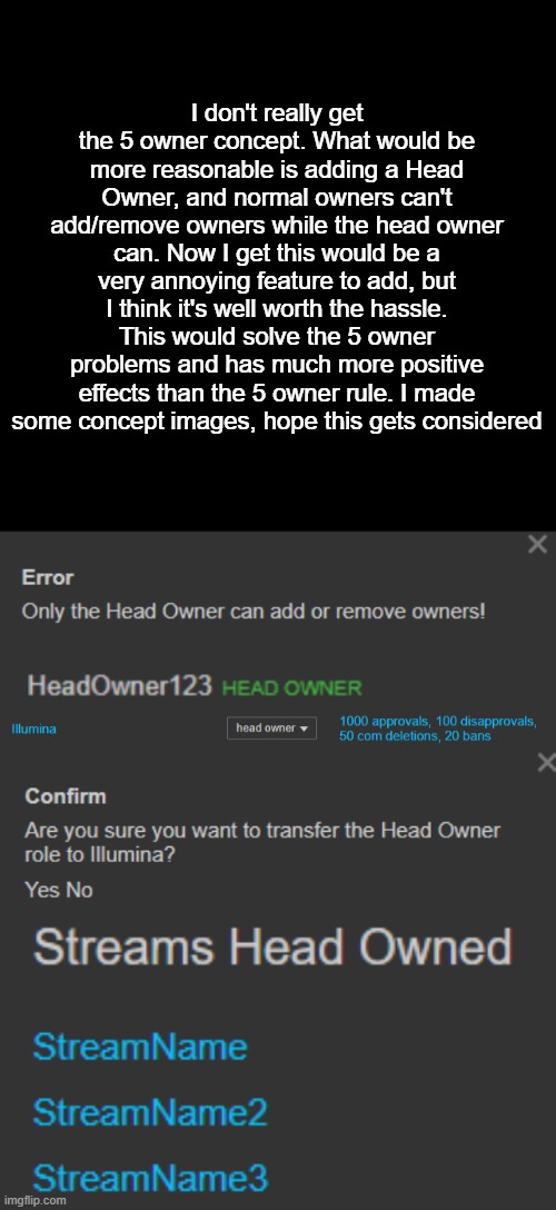 I don't really get the 5 owner concept. What would be more reasonable is adding a Head Owner, and normal owners can't add/remove owners while the head owner can. Now I get this would be a very annoying feature to add, but I think it's well worth the hassle. This would solve the 5 owner problems and has much more positive effects than the 5 owner rule. I made some concept images, hope this gets considered | made w/ Imgflip meme maker