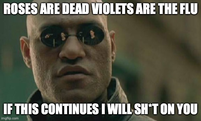 QWA | ROSES ARE DEAD VIOLETS ARE THE FLU; IF THIS CONTINUES I WILL SH*T ON YOU | image tagged in memes,matrix morpheus | made w/ Imgflip meme maker