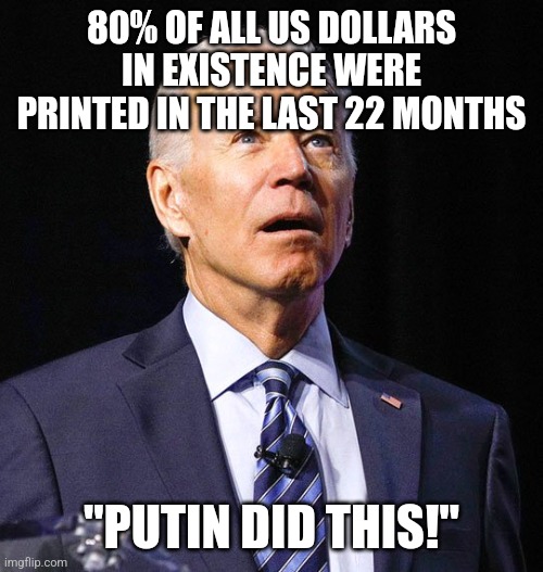 Can I blame someone else? | 80% OF ALL US DOLLARS IN EXISTENCE WERE PRINTED IN THE LAST 22 MONTHS; "PUTIN DID THIS!" | image tagged in joe biden | made w/ Imgflip meme maker