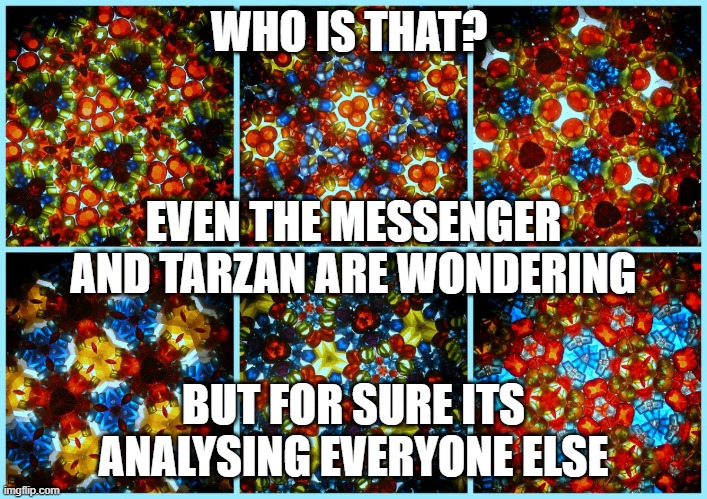 identity | WHO IS THAT? EVEN THE MESSENGER AND TARZAN ARE WONDERING; BUT FOR SURE ITS ANALYSING EVERYONE ELSE | image tagged in puzzle | made w/ Imgflip meme maker