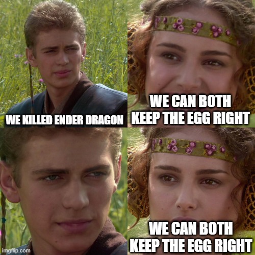 well f*ck | WE KILLED ENDER DRAGON; WE CAN BOTH KEEP THE EGG RIGHT; WE CAN BOTH KEEP THE EGG RIGHT | image tagged in anakin padme 4 panel | made w/ Imgflip meme maker