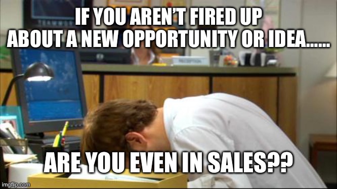 Sales | IF YOU AREN’T FIRED UP ABOUT A NEW OPPORTUNITY OR IDEA……; ARE YOU EVEN IN SALES?? | image tagged in dies of boredom | made w/ Imgflip meme maker