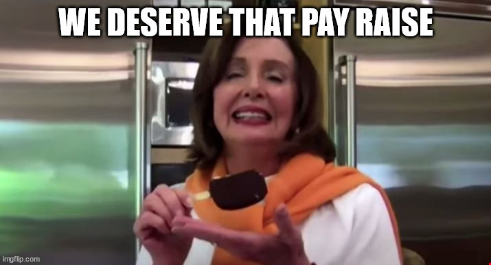 Pelosi ice cream | WE DESERVE THAT PAY RAISE | image tagged in pelosi ice cream | made w/ Imgflip meme maker