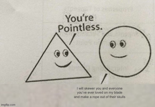You're Pointless Blank | I will skewer you and everyone you’ve ever loved on my blade and make a rope out of their skulls | image tagged in you're pointless blank | made w/ Imgflip meme maker