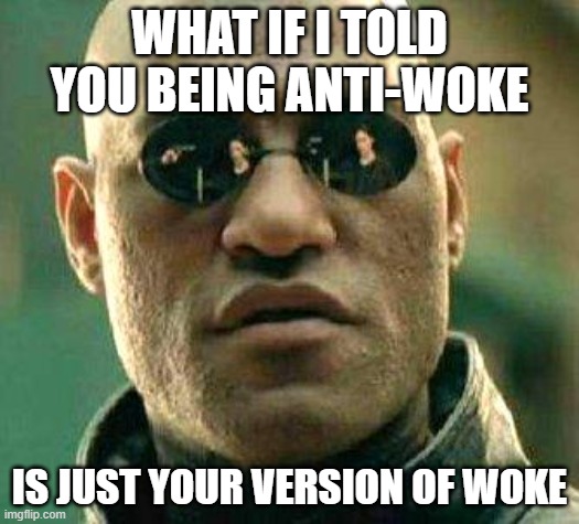 They're the same picture | WHAT IF I TOLD YOU BEING ANTI-WOKE; IS JUST YOUR VERSION OF WOKE | image tagged in what if i told you,sjw,antisjw,woke,antiwoke | made w/ Imgflip meme maker