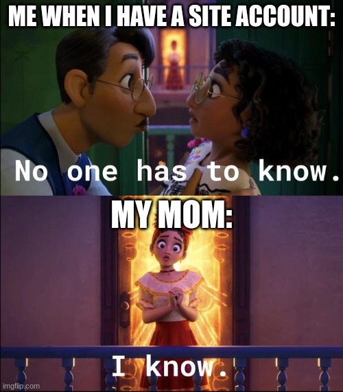 My mom knows everything- | ME WHEN I HAVE A SITE ACCOUNT:; MY MOM: | image tagged in no one is looking | made w/ Imgflip meme maker
