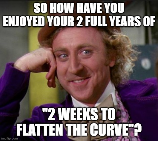 condescending wonka | SO HOW HAVE YOU ENJOYED YOUR 2 FULL YEARS OF; "2 WEEKS TO FLATTEN THE CURVE"? | image tagged in condescending wonka | made w/ Imgflip meme maker