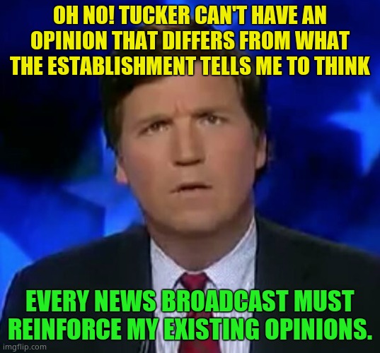 Listen up, sheep. You want one opinion on air, MOVE TO RUSSIA. The American way is diversity of thought so GFY | OH NO! TUCKER CAN'T HAVE AN OPINION THAT DIFFERS FROM WHAT THE ESTABLISHMENT TELLS ME TO THINK; EVERY NEWS BROADCAST MUST REINFORCE MY EXISTING OPINIONS. | image tagged in confused tucker carlson | made w/ Imgflip meme maker