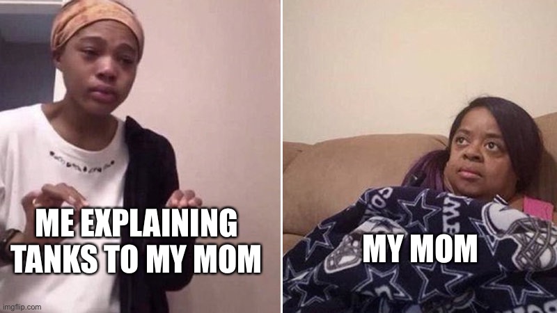 Me explaining | ME EXPLAINING TANKS TO MY MOM; MY MOM | image tagged in me explaining to my mom | made w/ Imgflip meme maker