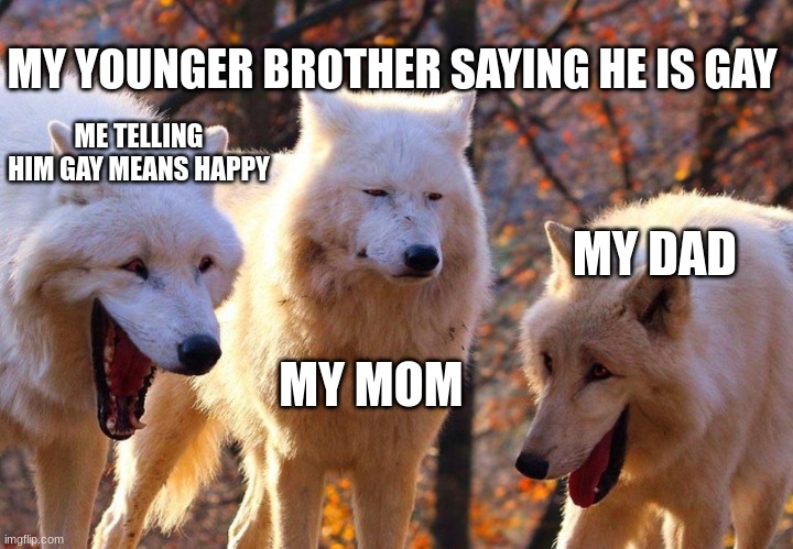 I got you |  MY YOUNGER BROTHER SAYING HE IS GAY; ME TELLING HIM GAY MEANS HAPPY; MY DAD; MY MOM | image tagged in 2/3 wolves laugh | made w/ Imgflip meme maker