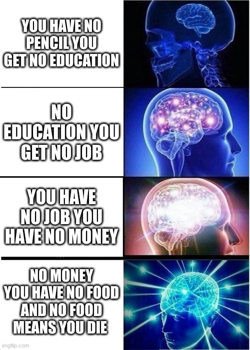 See what happens when you have no pencil | YOU HAVE NO PENCIL YOU GET NO EDUCATION; NO EDUCATION YOU GET NO JOB; YOU HAVE NO JOB YOU HAVE NO MONEY; NO MONEY YOU HAVE NO FOOD AND NO FOOD MEANS YOU DIE | image tagged in memes,expanding brain | made w/ Imgflip meme maker