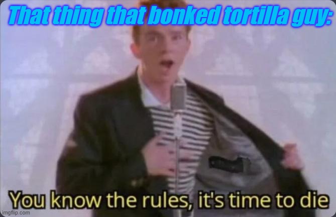 You know the rules, it's time to die | That thing that bonked tortilla guy: | image tagged in you know the rules it's time to die | made w/ Imgflip meme maker