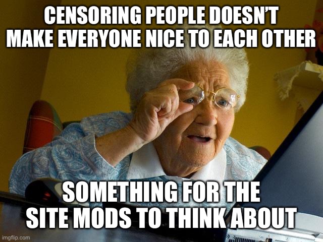 Or basically any social media owner… | CENSORING PEOPLE DOESN’T MAKE EVERYONE NICE TO EACH OTHER; SOMETHING FOR THE SITE MODS TO THINK ABOUT | image tagged in memes,grandma finds the internet | made w/ Imgflip meme maker