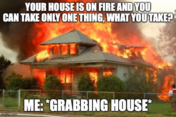 What would you do? | YOUR HOUSE IS ON FIRE AND YOU CAN TAKE ONLY ONE THING, WHAT YOU TAKE? ME: *GRABBING HOUSE* | image tagged in burnin' house | made w/ Imgflip meme maker