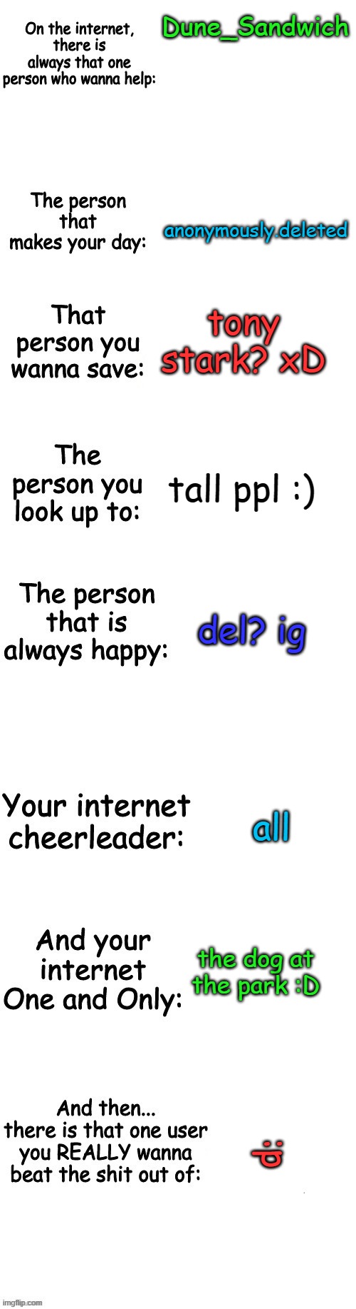 oooooooooooooooooooofff | Dune_Sandwich; anonymously.deleted; tony stark? xD; tall ppl :); del? ig; all; the dog at the park :D; :p | made w/ Imgflip meme maker