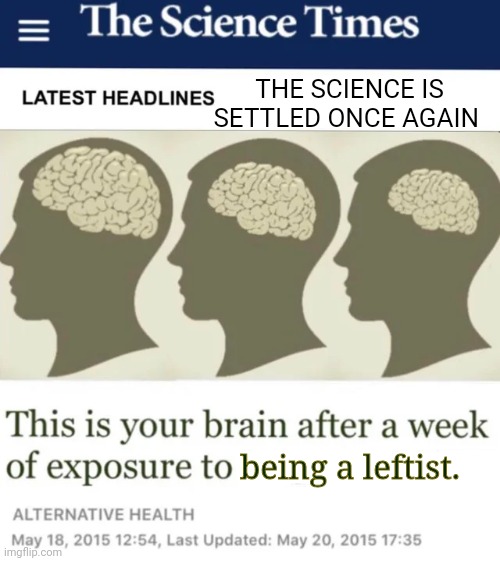 This is your brain | THE SCIENCE IS SETTLED ONCE AGAIN; being a leftist. | image tagged in this is your brain | made w/ Imgflip meme maker