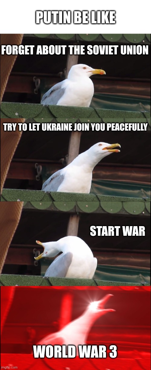 I HATE PUTIN! JUST LET UKRANE BE BY THEMSELVES! DONT START WORLD WAR 3! | PUTIN BE LIKE; FORGET ABOUT THE SOVIET UNION; TRY TO LET UKRAINE JOIN YOU PEACEFULLY; START WAR; WORLD WAR 3 | image tagged in memes,inhaling seagull,vladimir putin,ukraine,world war 3 | made w/ Imgflip meme maker