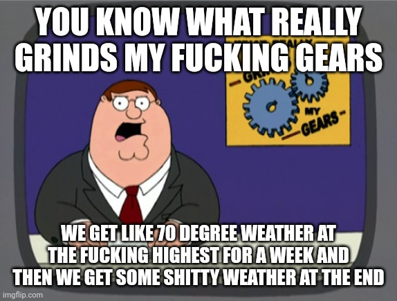 Why the fuck did it have to come to that fucking shit | YOU KNOW WHAT REALLY GRINDS MY FUCKING GEARS; WE GET LIKE 70 DEGREE WEATHER AT THE FUCKING HIGHEST FOR A WEEK AND THEN WE GET SOME SHITTY WEATHER AT THE END | image tagged in memes,peter griffin news,fuck,cold weather,warm weather,relatable | made w/ Imgflip meme maker