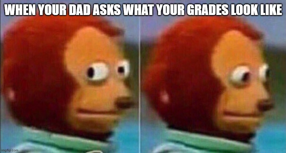 Monkey looking away | WHEN YOUR DAD ASKS WHAT YOUR GRADES LOOK LIKE | image tagged in monkey looking away | made w/ Imgflip meme maker