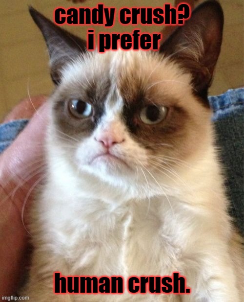 leave puny humans | candy crush?  i prefer; human crush. | image tagged in memes,grumpy cat | made w/ Imgflip meme maker