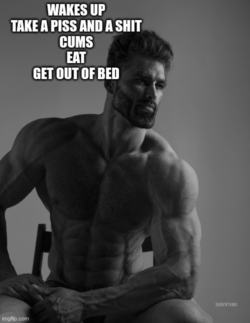 big boy | WAKES UP
TAKE A PISS AND A SHIT
CUMS
EAT
GET OUT OF BED | image tagged in oh wow are you actually reading these tags,stop reading the tags,help me,memes | made w/ Imgflip meme maker