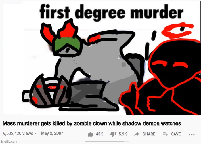 Mass murderer gets killed by zombie clown while shadow demon watches; May 2, 2007 | made w/ Imgflip meme maker