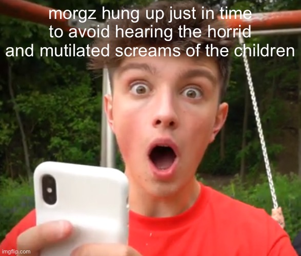 Morgz is an idiot | morgz hung up just in time to avoid hearing the horrid and mutilated screams of the children | image tagged in morgz is an idiot | made w/ Imgflip meme maker