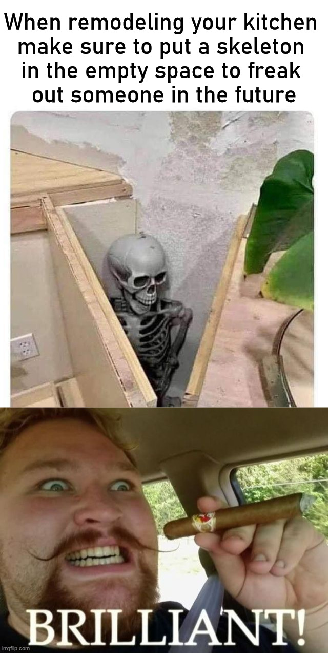 Dad's everywhere will be doing this |  When remodeling your kitchen 
make sure to put a skeleton 
in the empty space to freak 
out someone in the future | image tagged in remodel,hell's kitchen,skeleton,funny,pranks | made w/ Imgflip meme maker