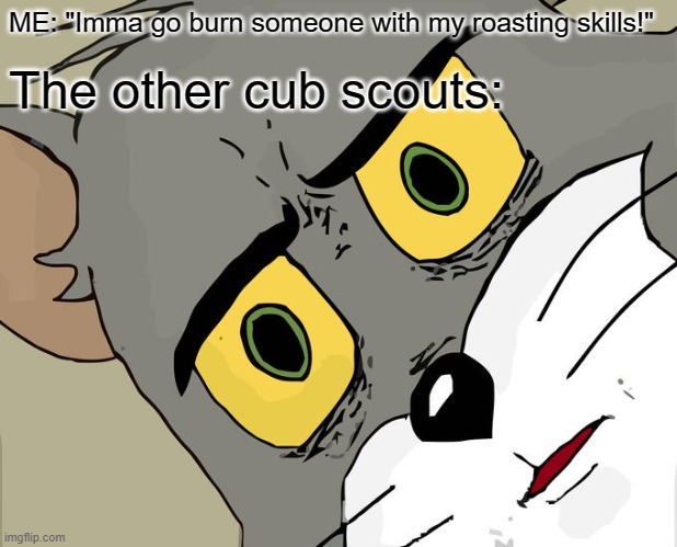 Wait hollup! |  ME: "Imma go burn someone with my roasting skills!"; The other cub scouts: | image tagged in memes,unsettled tom,lol so funny,burn | made w/ Imgflip meme maker