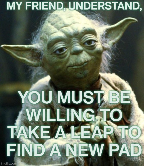 Star Wars Yoda | MY FRIEND, UNDERSTAND, YOU MUST BE WILLING TO TAKE A LEAP TO FIND A NEW PAD | image tagged in memes,star wars yoda | made w/ Imgflip meme maker