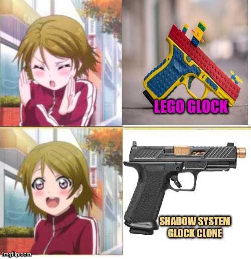 Fancy glocks | LEGO GLOCK; SHADOW SYSTEM GLOCK CLONE | image tagged in anime drake meme,glock,9mm,gun | made w/ Imgflip meme maker