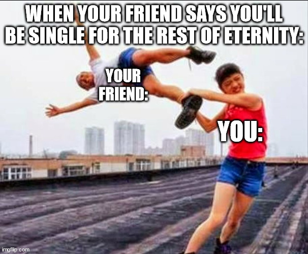 Yeeted | WHEN YOUR FRIEND SAYS YOU'LL BE SINGLE FOR THE REST OF ETERNITY:; YOUR FRIEND:; YOU: | image tagged in yeeted | made w/ Imgflip meme maker
