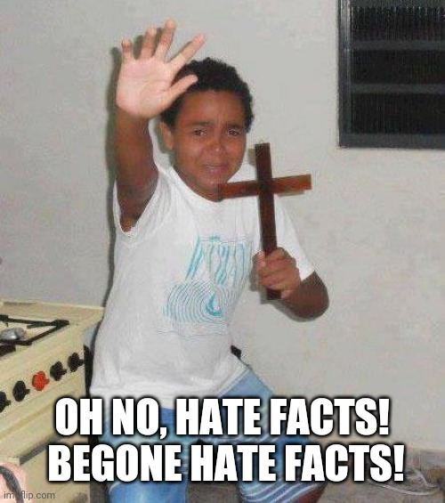 kid with cross | OH NO, HATE FACTS!  BEGONE HATE FACTS! | image tagged in kid with cross | made w/ Imgflip meme maker