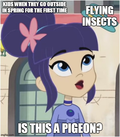 Kids exploring during springtime | FLYING INSECTS; KIDS WHEN THEY GO OUTSIDE IN SPRING FOR THE FIRST TIME; IS THIS A PIGEON? | image tagged in is this a pigeon,memes,strawberry shortcake,strawberry shortcake berry in the big city,spring | made w/ Imgflip meme maker