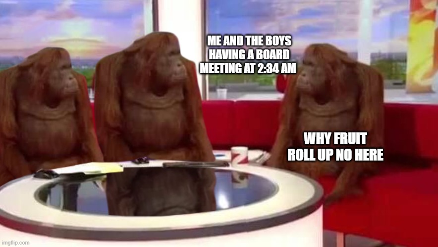 where monkey | ME AND THE BOYS HAVING A BOARD MEETING AT 2:34 AM; WHY FRUIT ROLL UP NO HERE | image tagged in where monkey | made w/ Imgflip meme maker