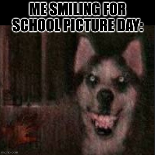 Picture day. |  ME SMILING FOR SCHOOL PICTURE DAY: | image tagged in creepy smile,dog,school | made w/ Imgflip meme maker