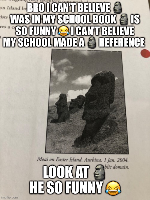 BRO I CAN’T BELIEVE 🗿 WAS IN MY SCHOOL BOOK 🗿 IS SO FUNNY 😂 I CAN’T BELIEVE MY SCHOOL MADE A 🗿 REFERENCE; LOOK AT 🗿 HE SO FUNNY 😂 | made w/ Imgflip meme maker