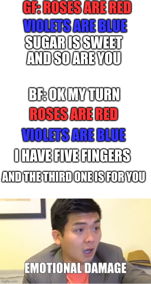 How to lose your girlfriend | GF: ROSES ARE RED; VIOLETS ARE BLUE; SUGAR IS SWEET; AND SO ARE YOU; BF: OK MY TURN; ROSES ARE RED; VIOLETS ARE BLUE; I HAVE FIVE FINGERS; AND THE THIRD ONE IS FOR YOU | image tagged in blank white template,memes,emotional damage,roasted | made w/ Imgflip meme maker