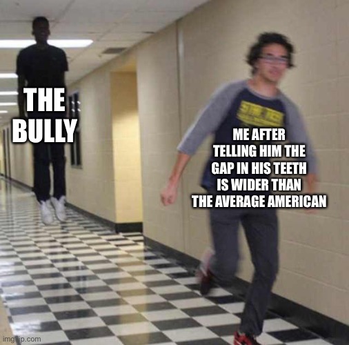 True story | THE BULLY; ME AFTER TELLING HIM THE GAP IN HIS TEETH IS WIDER THAN THE AVERAGE AMERICAN | image tagged in floating boy chasing running boy,true story | made w/ Imgflip meme maker
