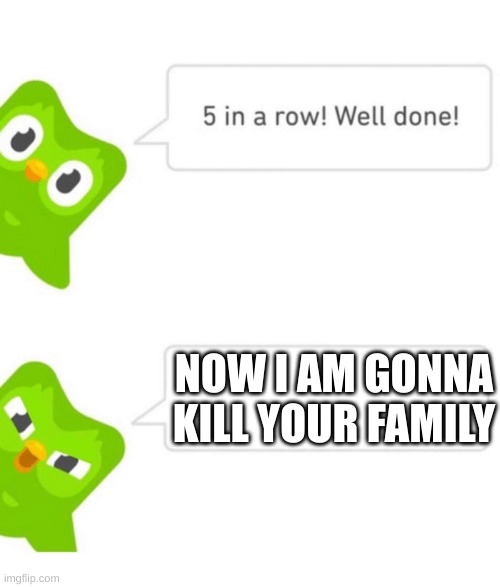 Duolingo 5 in a row | NOW I AM GONNA KILL YOUR FAMILY | image tagged in duolingo 5 in a row | made w/ Imgflip meme maker
