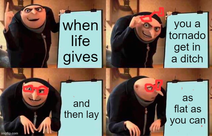 Gru's Plan | when life gives; you a tornado get in a ditch; and then lay; as flat as you can | image tagged in memes,gru's plan | made w/ Imgflip meme maker